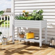 Nihsuao Elevated Mobile Raised Garden Bed with Storage Shelf & Lockable Wheels, Weather-Resistant HDPE Planter Table for Patio, Herb & Vegetable Growing, White