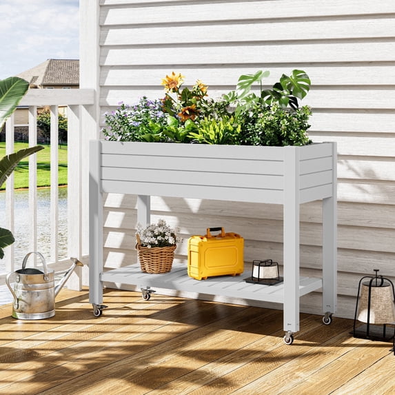 Nihsuao Elevated Mobile Raised Garden Bed with Storage Shelf & Lockable Wheels, Weather-Resistant HDPE Planter Table for Patio, Herb & Vegetable Growing, White