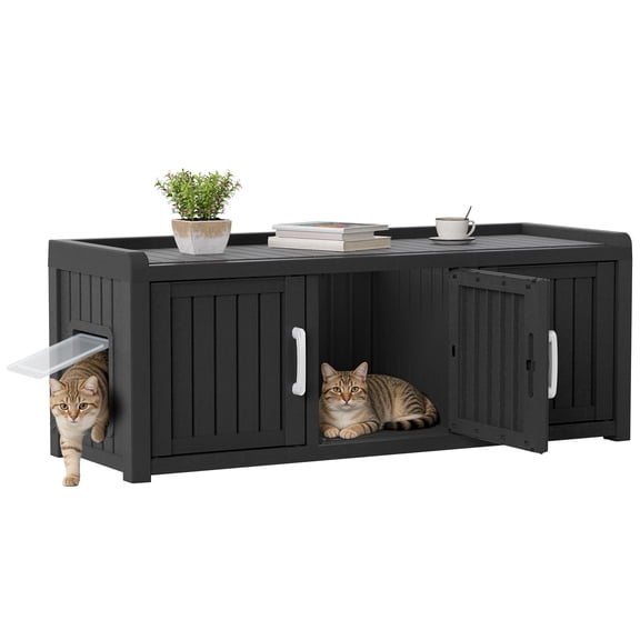 Nihsuao Hidden Cat Litter Box Enclosure Furniture, Multi-Functional PP Cat Cabinet with 3 Doors & Window, Waterproof for Living Room & Bedroom, Black