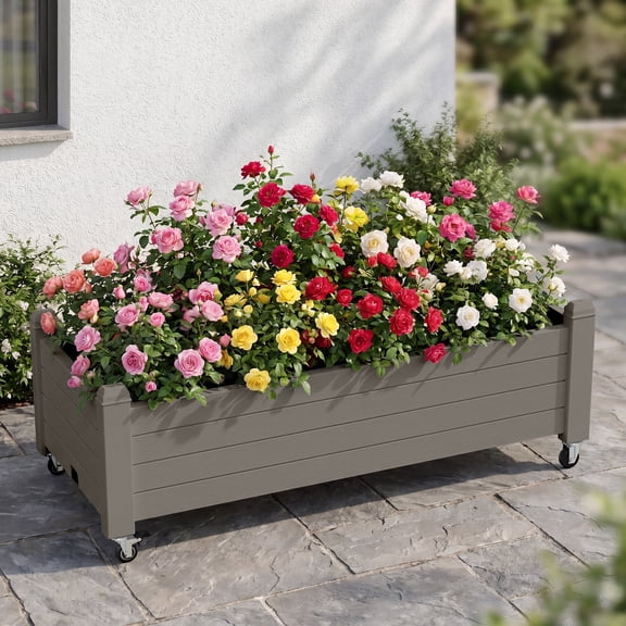 Nihsuao Mobile Raised Garden Bed with Lockable Wheels, Weather-Resistant Wood-Grain Planter Box for Patio, Balcony, Herb & Vegetable Growing, Gray