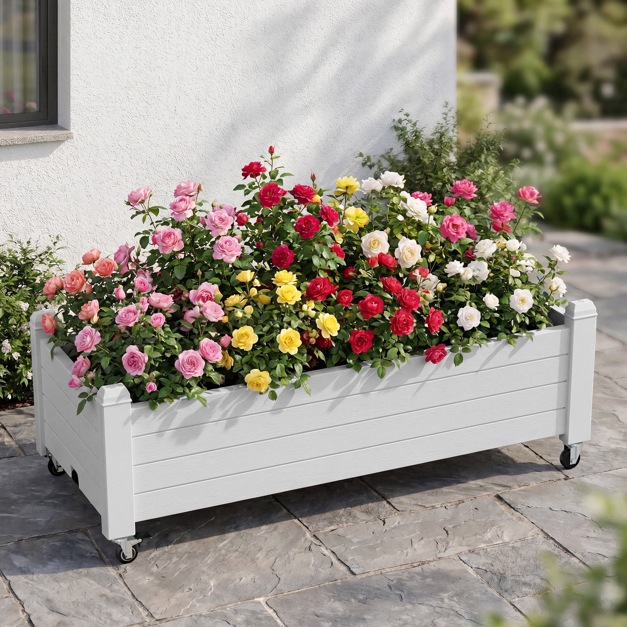 Nihsuao Mobile Raised Garden Bed with Lockable Wheels, Weather-Resistant Wood-Grain Planter Box for Patio, Balcony, Herb & Vegetable Growing, White