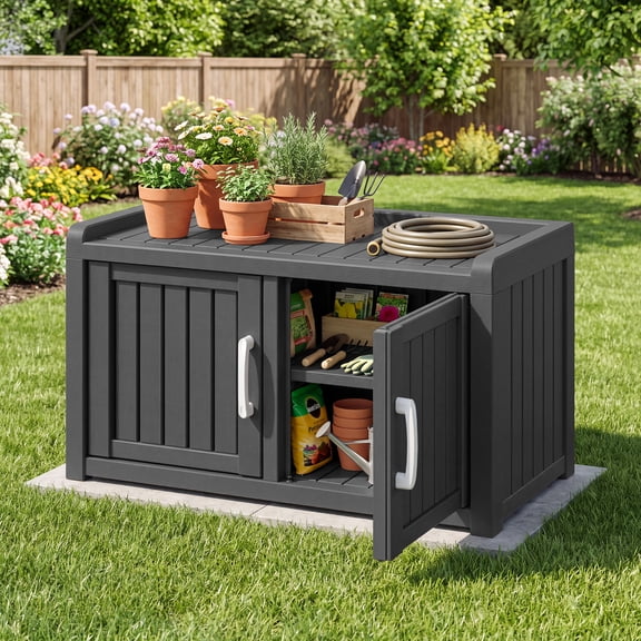 Nihsuao Outdoor Garden Storage Cabinet with 2 Doors, Waterproof UV-Resistant Entryway Storage Bench with Detachable Shelves, Low-Profile Deck Box for Patio, Black