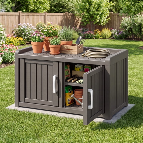 Nihsuao Outdoor Garden Storage Cabinet with 2 Doors, Waterproof UV-Resistant Entryway Storage Bench with Detachable Shelves, Low-Profile Deck Box for Patio, Gray