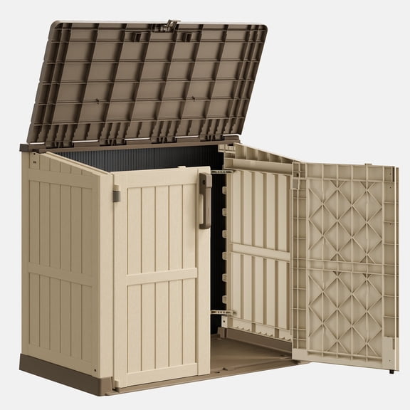 Nihsuao Store-It-Out Midi Horizontal Durable 36 Cu.ft Resin Outdoor Storage Shed With Heavy Duty Floor and Locking Latch, for Lawnmowe, Garden Tools, Brown & Beige