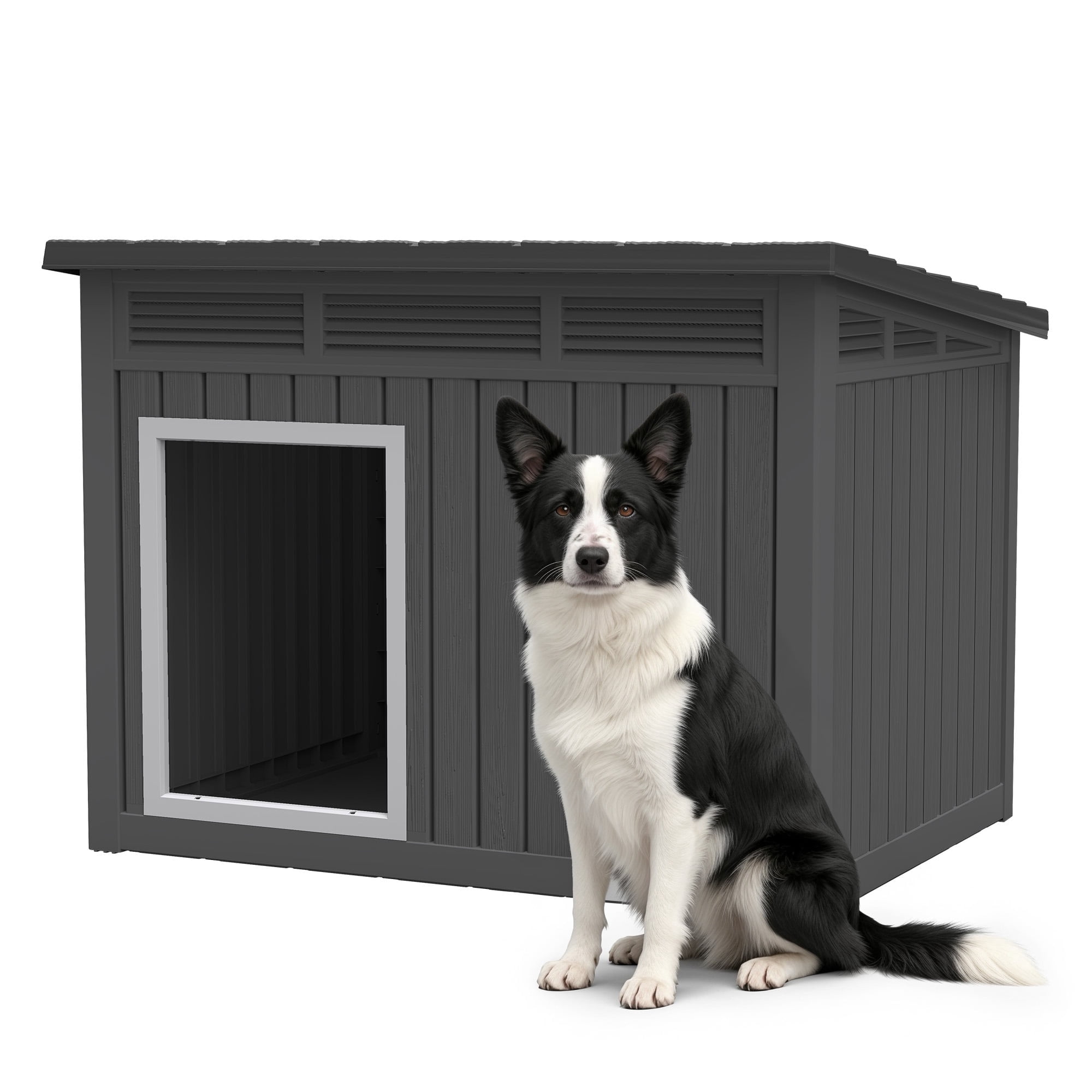 Nihsuao Waterproof Dog House for Medium to Large Dogs, Indoor Outdoor PP Kennel with Ventilated Design & Removable Roof, Easy to Clean, Black, 42.2"L x 30"W x 31"H