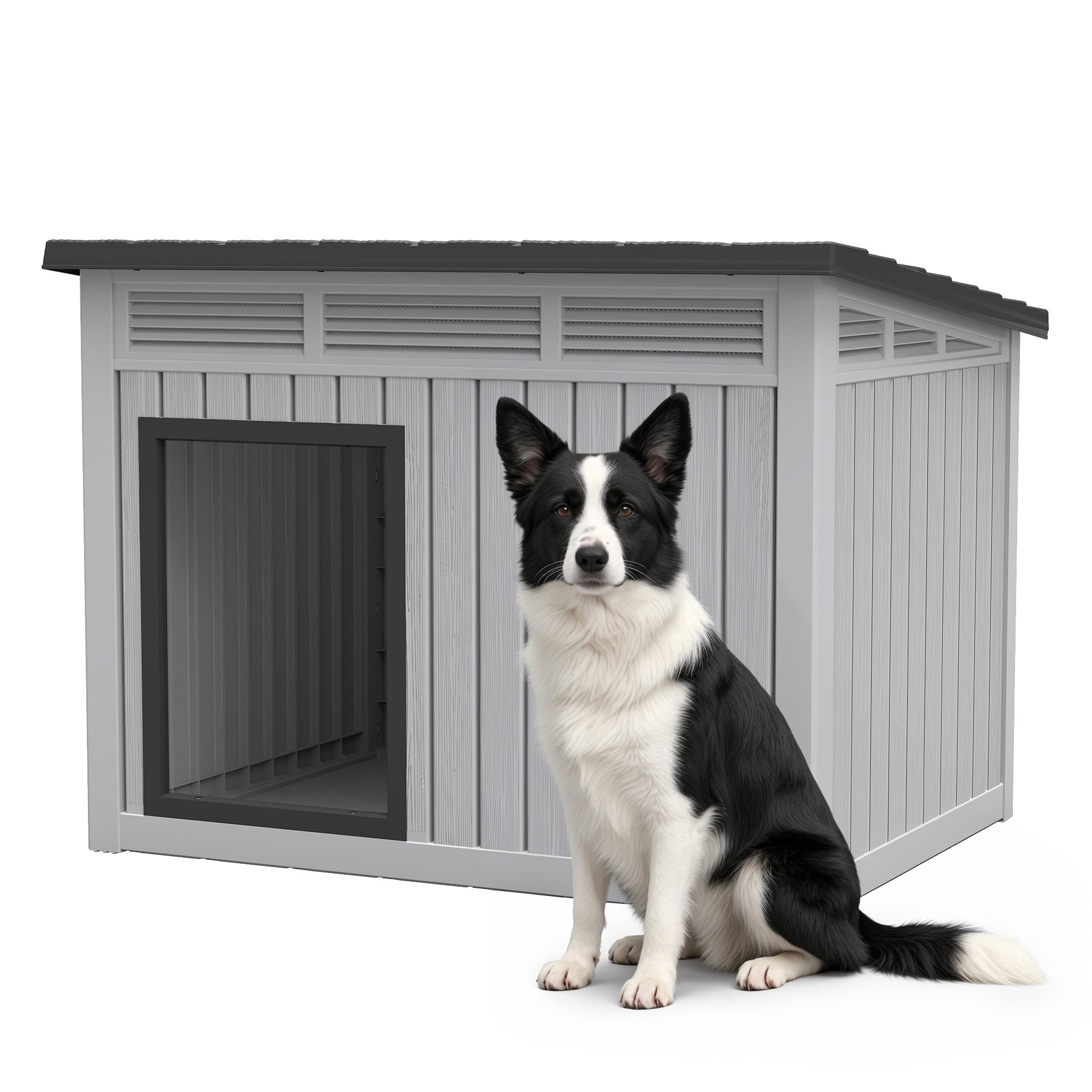 Nihsuao Waterproof Dog House for Medium to Large Dogs, Indoor Outdoor PP Kennel with Ventilated Design & Removable Roof, Easy to Clean, Gray, 42.2"L x 30"W x 31"H