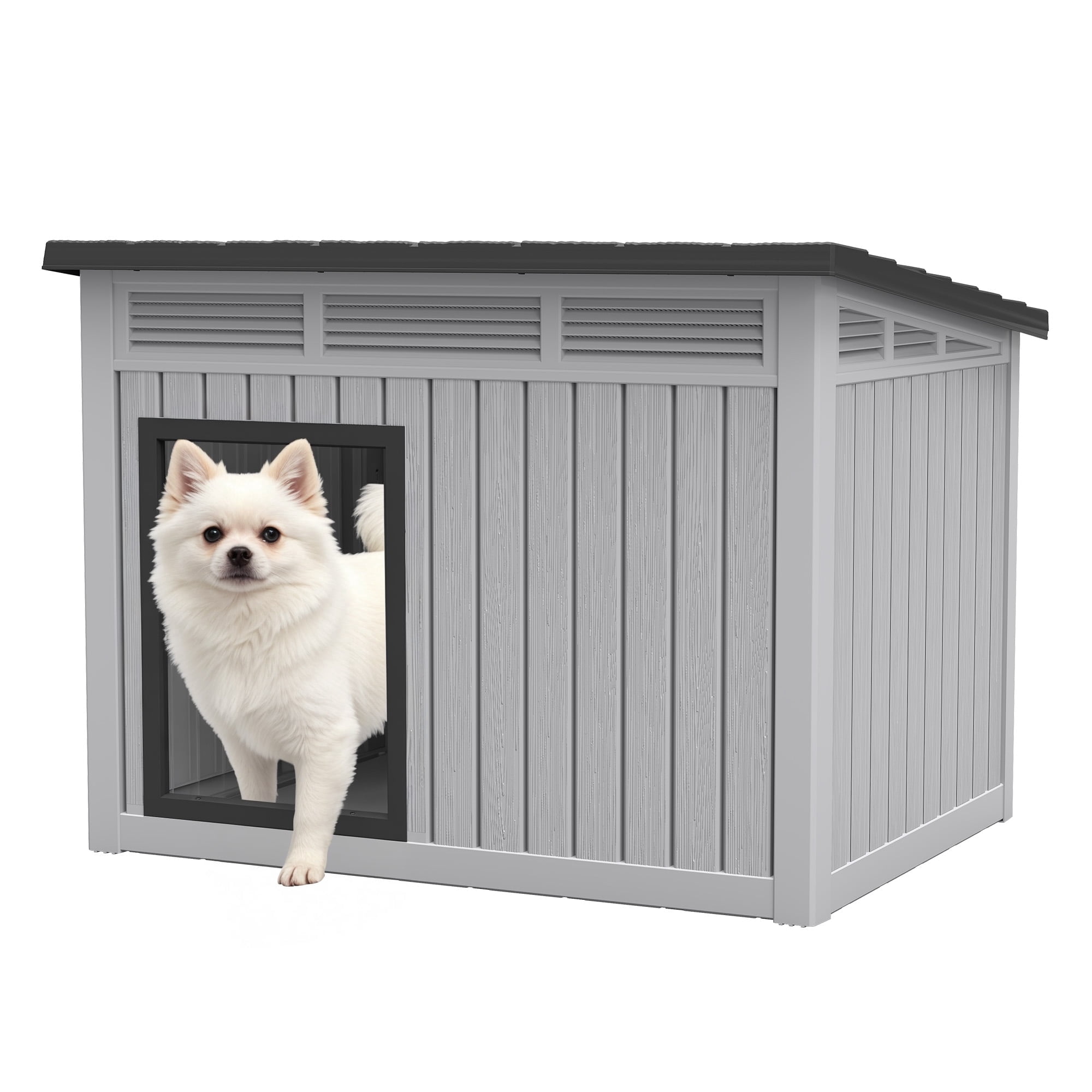 Nihsuao Waterproof Dog House for Small to Medium Dogs, Indoor Outdoor PP Kennel with Ventilated Design & Removable Roof, Easy to Clean, Gray, 31.2"L x 23.6"W x 21.6"H