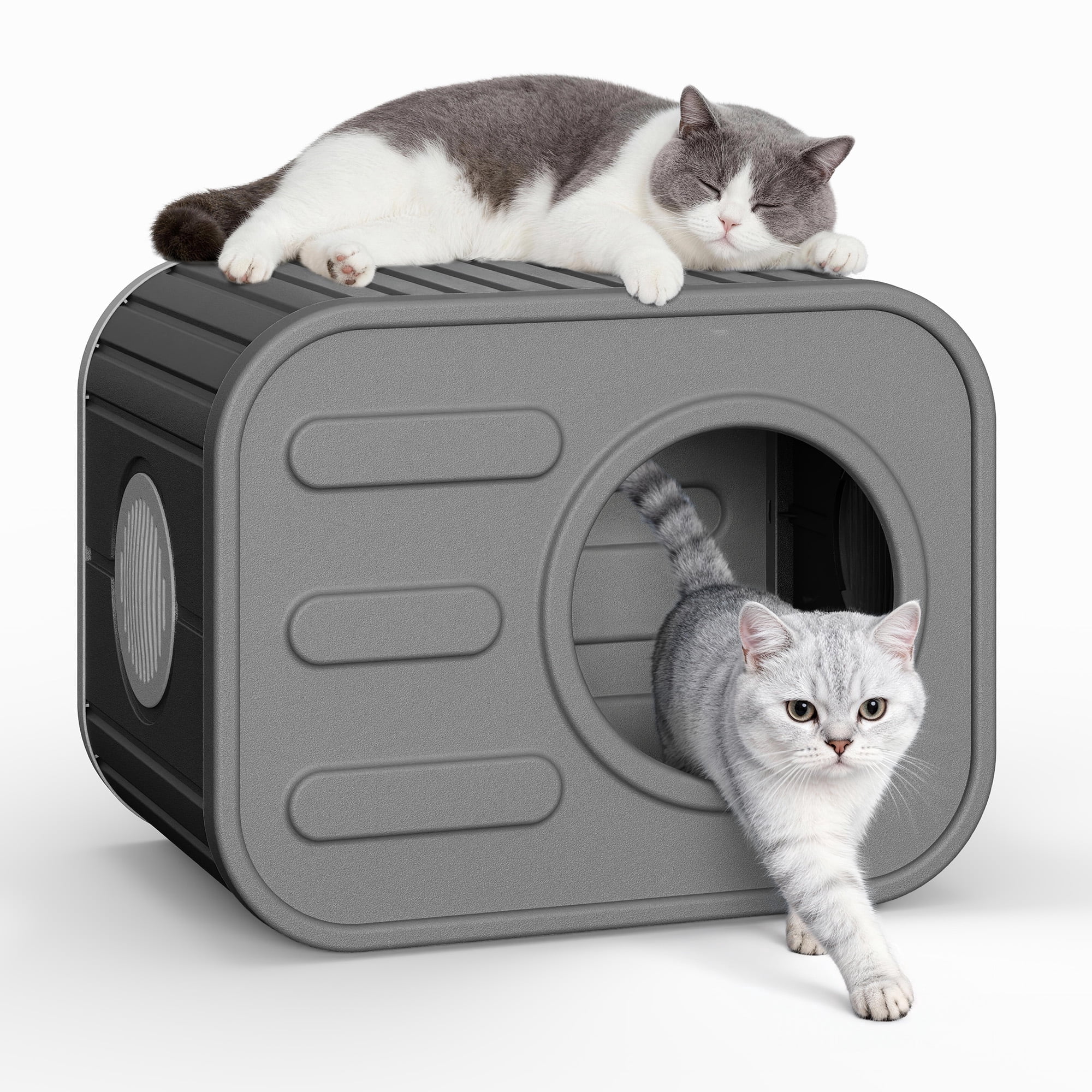 Nihsuao Weatherproof Resin Cat House, Camera-Shaped Design for Indoor & Outdoor Cats, Ventilated, Easy Assembly for Home Yard Garden, Gray