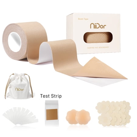 Niidor Boob Tape for Breast Lift with 1 Breast Tape, 5 Pairs Satin Breast Petals, 1 Pairs Silicone Nipple Stickers, 10 Pcs Double Side Tape, 1 Storage Bag ,Instant Breast Lift Tape for A-G