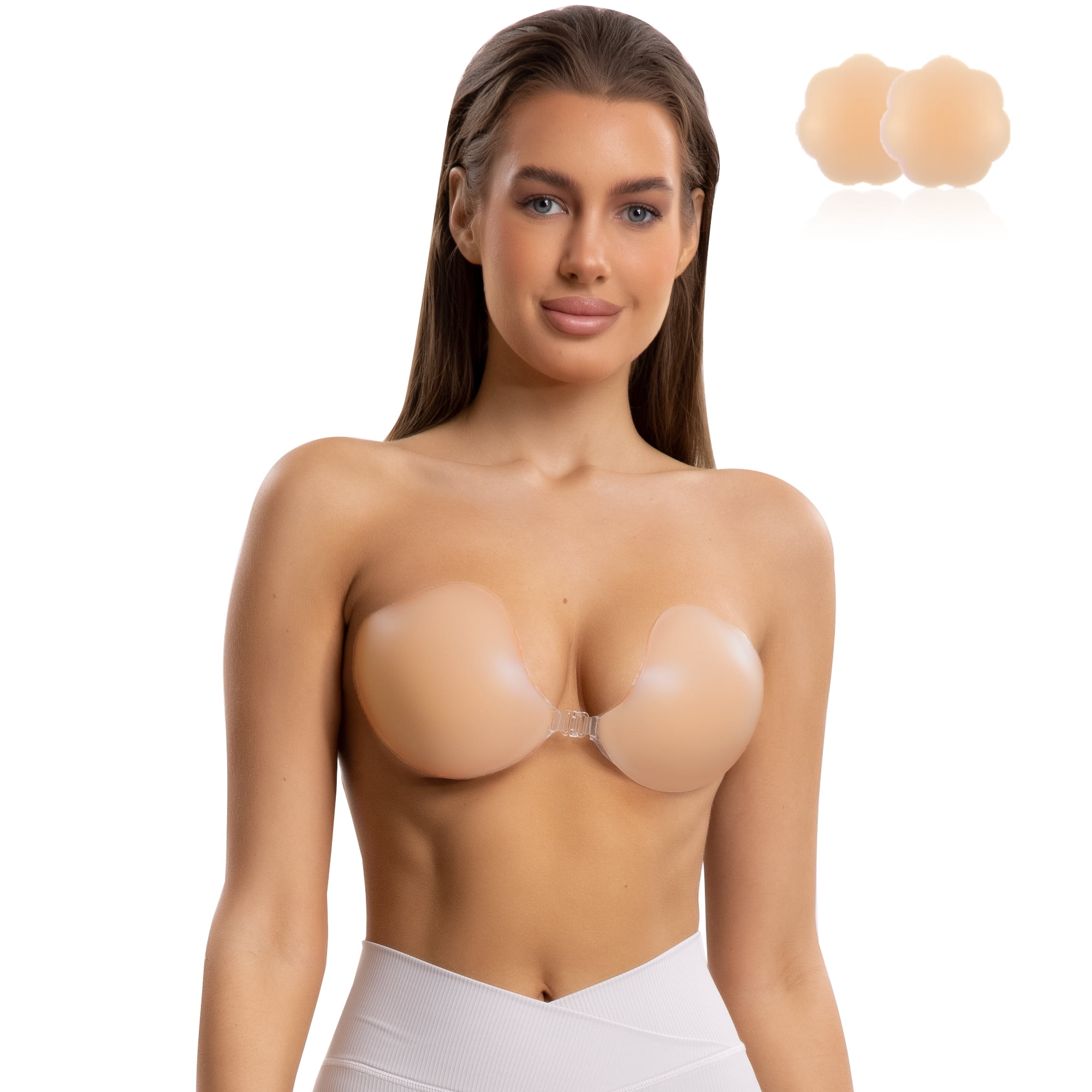 BIMEI 2 Pairs Women's Sticky Bra Invisible Lifting Adhesive Bra Breast Lift  Up Nipple covers Backless Reusable Push Up Silicone Bra Small Large
