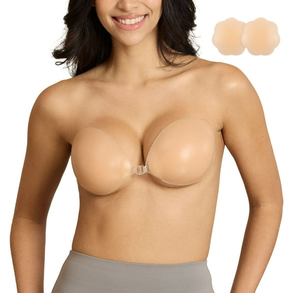 Niidor Women's Reusable Sticky Push-up Bra Backless Strapless Silicone Bra with Adhesive Nipple Covers