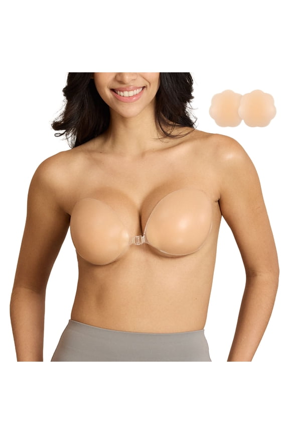 Women's Reusable Sticky Push-up Bra Backless Strapless Silicone Bra with Adhesive Nipple Covers