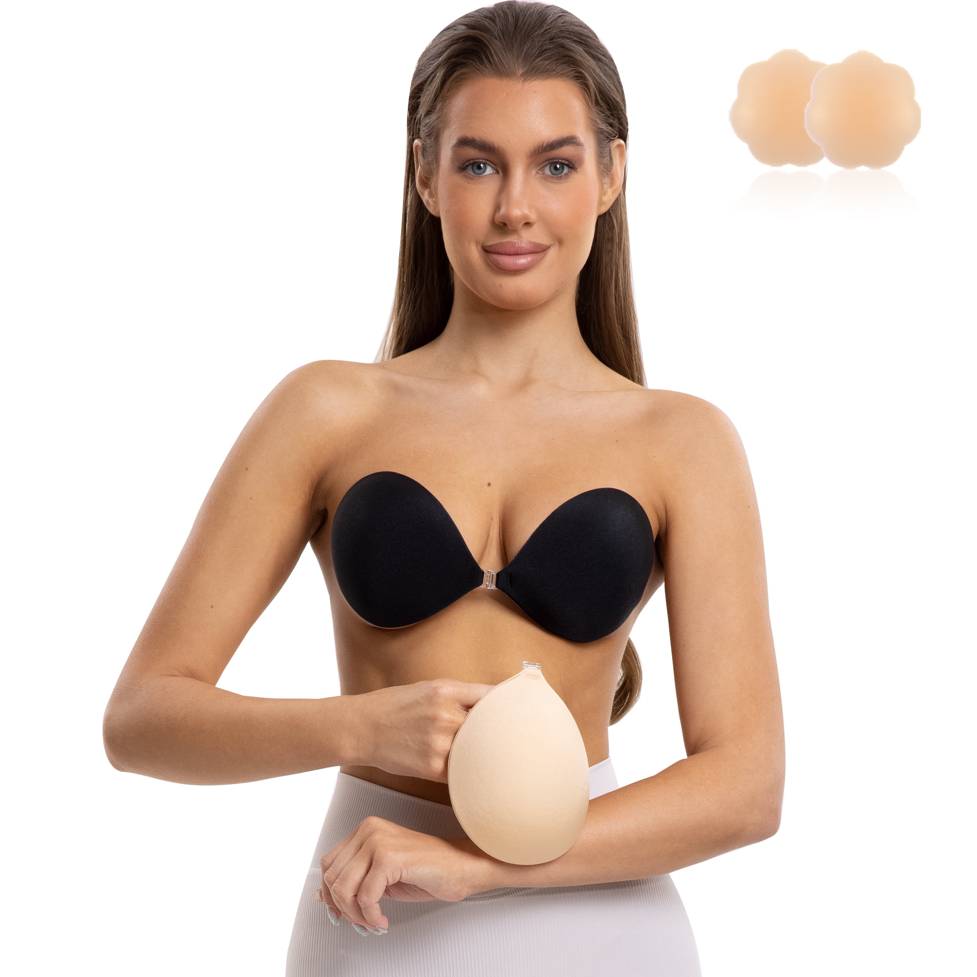 Niidor Women's Reusable Strapless Push-up Invisible Adhesive Bra with  Silicone Nipple Covers 