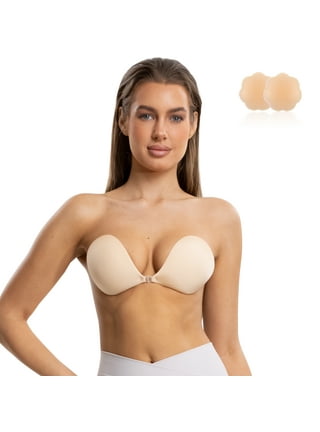 BOSSTON Adhesive Bra Invisible Bra Backless Strapless Bra Reusable Sticky  Deep Plunge Silicone Push Up No Show Adhesive Bras(Nude/E)