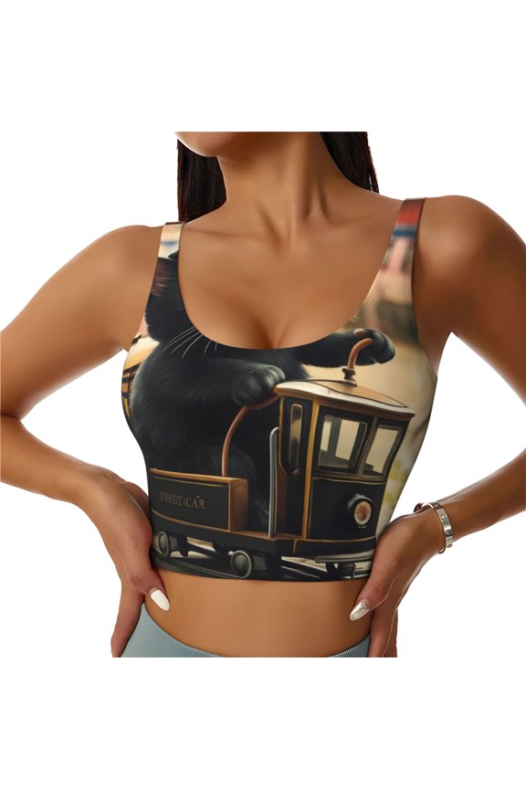 Adorable Kitten On Mini Train Print Sports Bra for women Adjustable Straps High Support With Breast Pads Workout Tank Top-Medium
