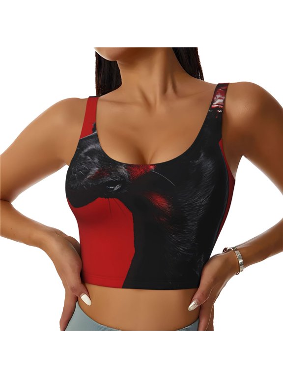 Black Dog Red Background Print Sports Bra for women Adjustable Straps High Support With Breast Pads Workout Tank Top-Medium