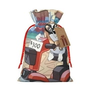 Niiseo Bluey Print Christmas Gift Bag - Burlap Drawstring Pouch with Kraft Tag for Holiday Gift Wrapping-Small