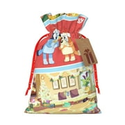 Niiseo Bluey Print Christmas Gift Bag Drawstring Burlap Bag with Tag Reusable Holiday Party Favor Sack for Gifts Candy Jewelry or Small Items-Medium