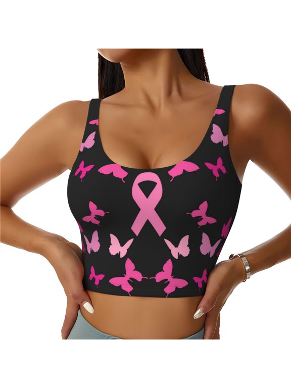 Breast Cancer Print Sports Bra for women Adjustable Straps High Support With Breast Pads Workout Tank Top-Medium