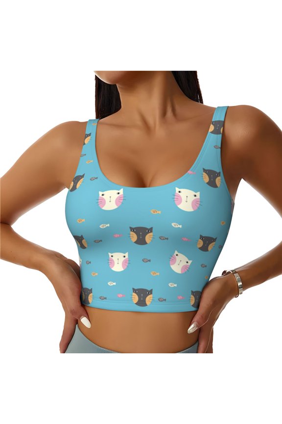 Cat Fish Print Sports Bra for women Adjustable Straps High Support With Breast Pads Workout Tank Top-Medium