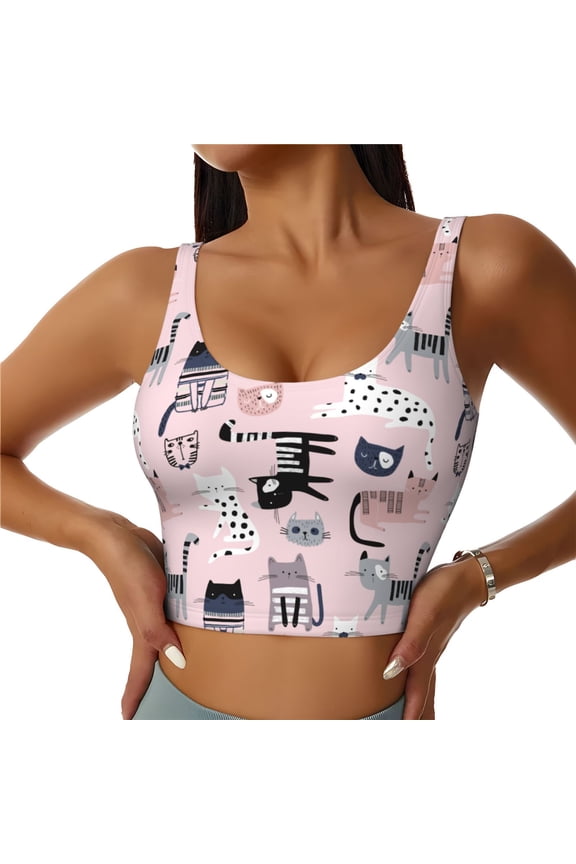Cat Print Sports Bra for women Adjustable Straps High Support With Breast Pads Workout Tank Top-Large
