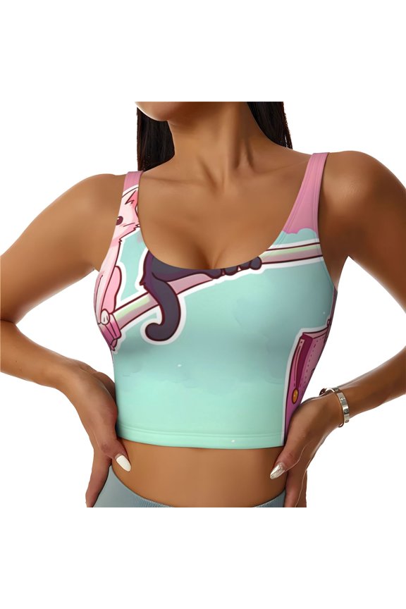 Cats On Broomstick Print Sports Bra for women Adjustable Straps High Support With Breast Pads Workout Tank Top-Large