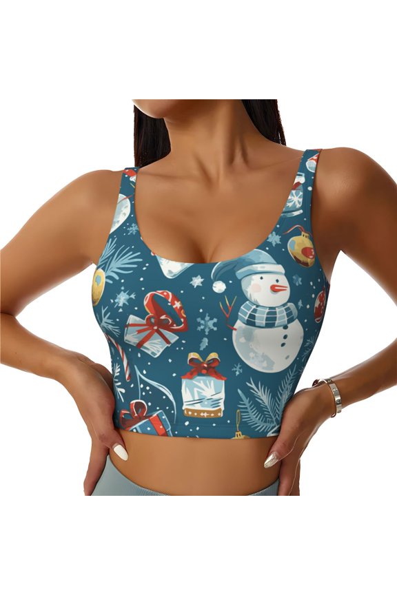 Christmas Snowman Gift Print Sports Bra for women Adjustable Straps High Support With Breast Pads Workout Tank Top-Large