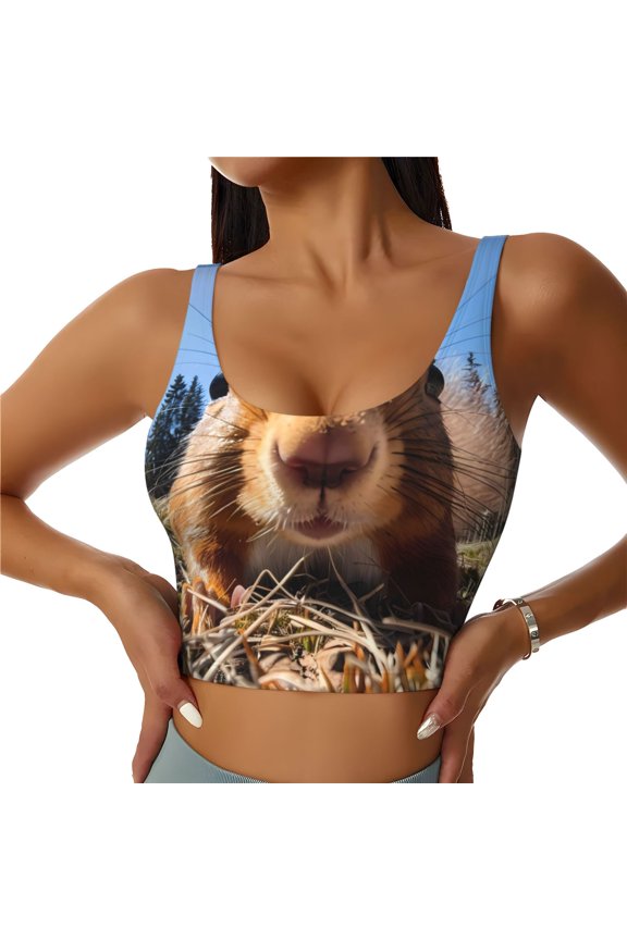 Close-Up Curious Squirrel Print Sports Bra for women Adjustable Straps High Support With Breast Pads Workout Tank Top-Medium