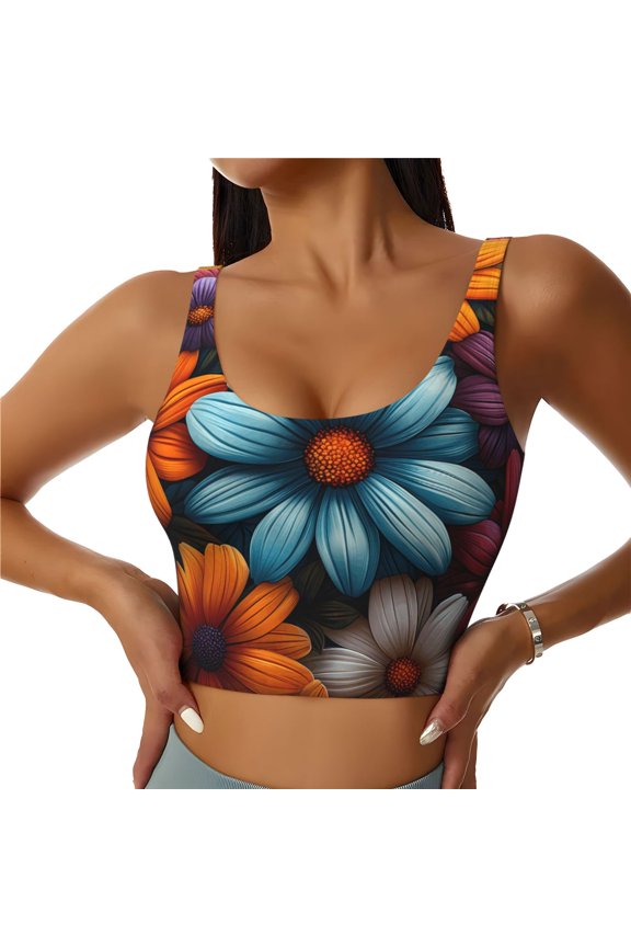 Colorful Blooming Flowers Print Sports Bra for women Adjustable Straps High Support With Breast Pads Workout Tank Top-Large