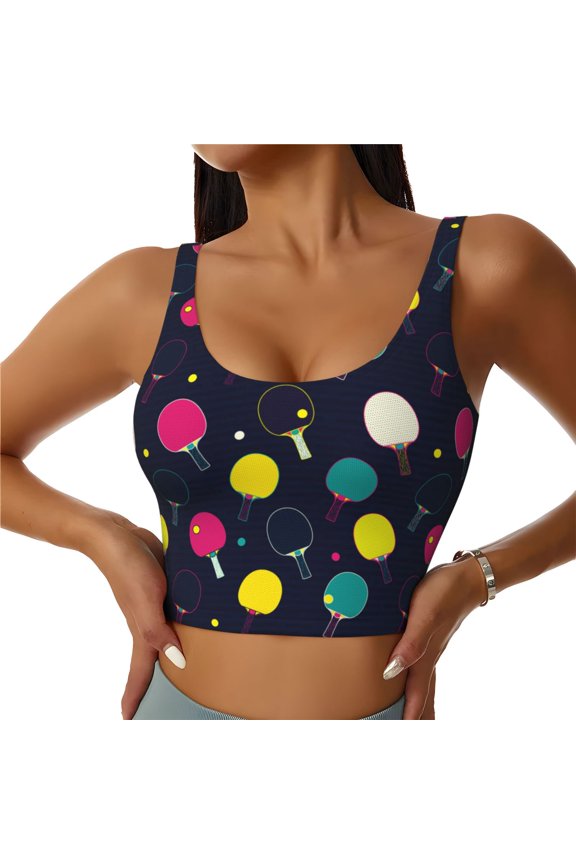 Colorful Ping Pong Rackets Print Sports Bra for women Adjustable Straps High Support With Breast Pads Workout Tank Top-Large