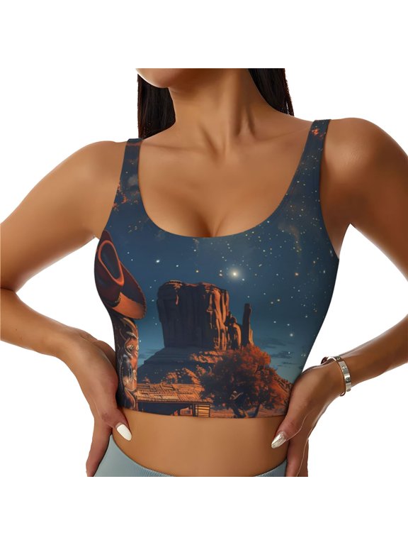 Cowboy Boots Under Starry Sky Print Sports Bra for women Adjustable Straps High Support With Breast Pads Workout Tank Top-Large