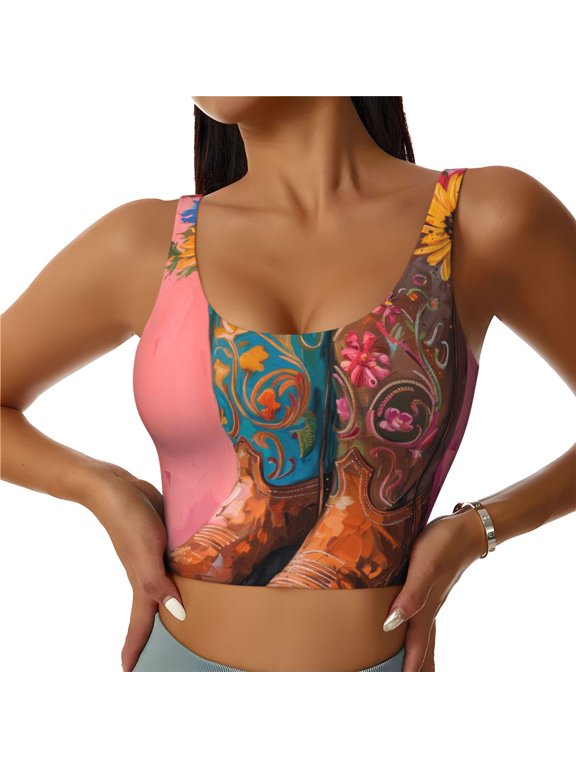 Cowboy Boots With Flowers Print Sports Bra for women Adjustable Straps High Support With Breast Pads Workout Tank Top-Large