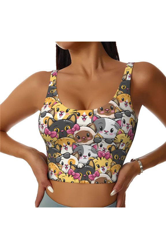 Cute Cat Cartoon Print Sports Bra for women Adjustable Straps High Support With Breast Pads Workout Tank Top-Medium