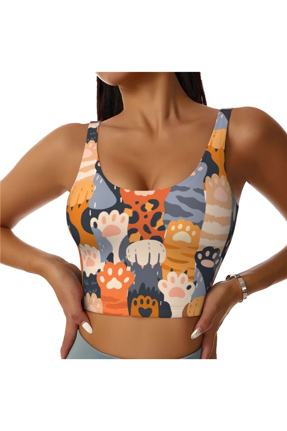 Cute Cat Paw Print Sports Bra for women Adjustable Straps High Support With Breast Pads Workout Tank Top-Large