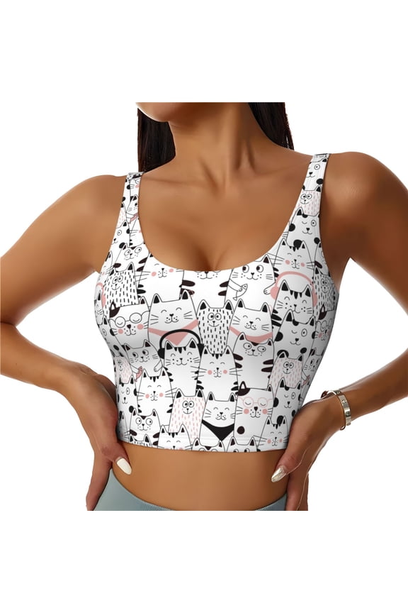 Cute Cat Print Sports Bra for women Adjustable Straps High Support With Breast Pads Workout Tank Top-Large