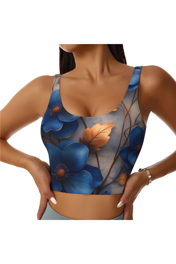 Elegant Blue Gold Blooms Print Sports Bra for women Adjustable Straps High Support With Breast Pads Workout Tank Top-Large