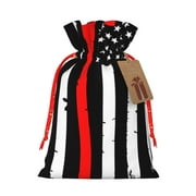 Niiseo Firefighters USA Flag Print Christmas Gift Bag Drawstring Burlap Bag with Tag Reusable Holiday Party Favor Sack for Gifts Candy Jewelry or Small Items-Medium