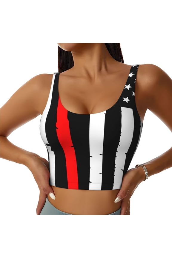 Firefighters USA Flag Print Sports Bra for women Adjustable Straps High Support With Breast Pads Workout Tank Top-Large