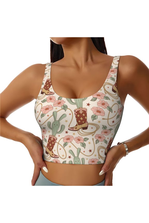 Floral Cowboy Boots Print Sports Bra for women Adjustable Straps High Support With Breast Pads Workout Tank Top-Medium