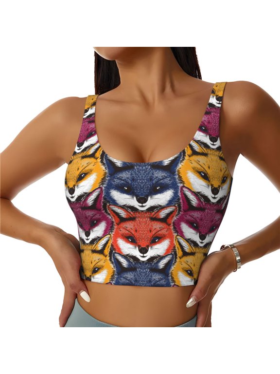 Fox Face Print Sports Bra for women Adjustable Straps High Support With Breast Pads Workout Tank Top-Large