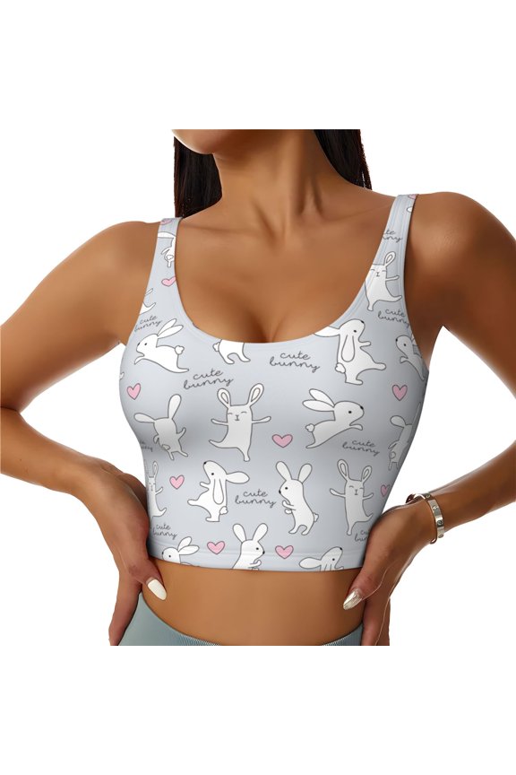 Fun Rabbit Print Sports Bra for women Adjustable Straps High Support With Breast Pads Workout Tank Top-Medium