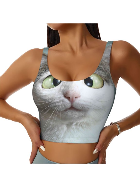 Funny Cat Print Sports Bra for women Adjustable Straps High Support With Breast Pads Workout Tank Top-Large
