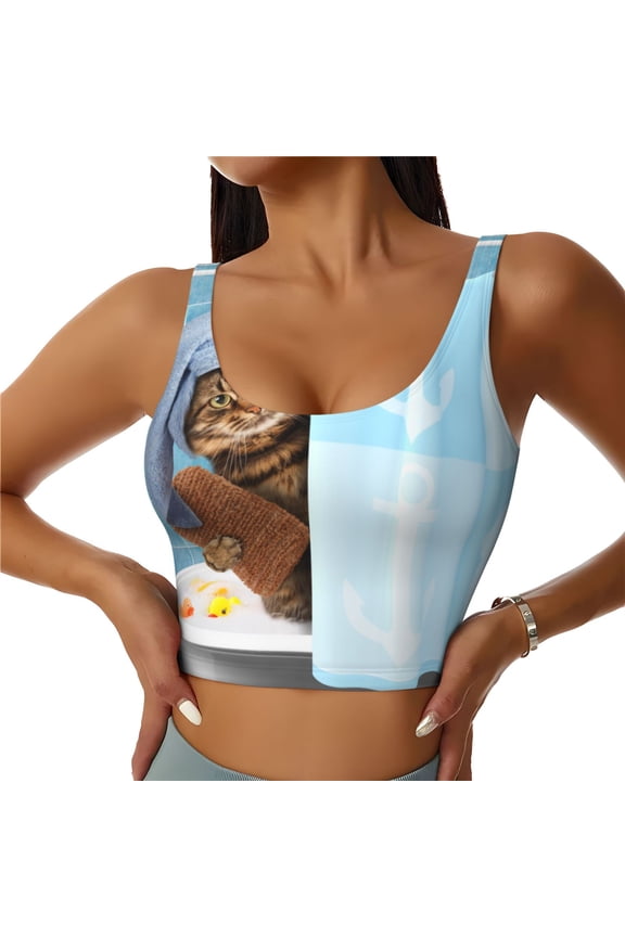 Funny Cat Taking a Bath Print Sports Bra for women Adjustable Straps High Support With Breast Pads Workout Tank Top-Medium