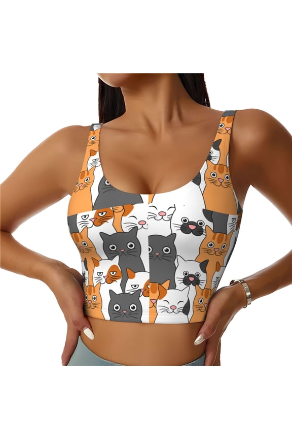 Funny Cats Print Sports Bra for women Adjustable Straps High Support With Breast Pads Workout Tank Top-Medium