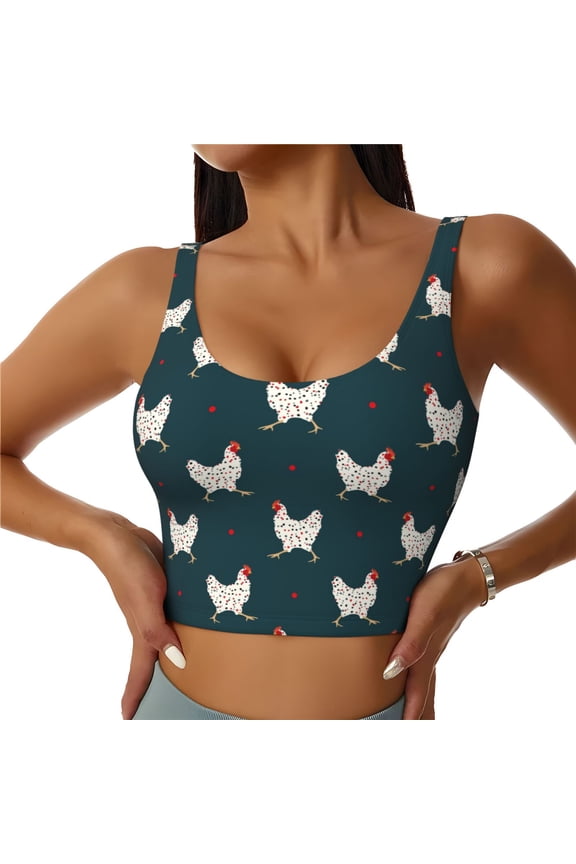 Funny Chicken Print Sports Bra for women Adjustable Straps High Support With Breast Pads Workout Tank Top-Large
