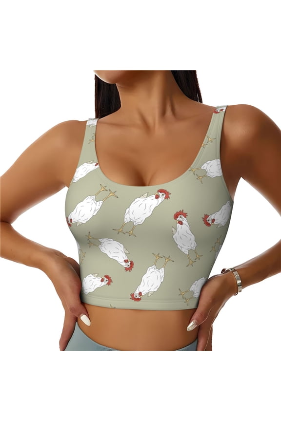 Funny Chicken Print Sports Bra for women Adjustable Straps High Support With Breast Pads Workout Tank Top-Large