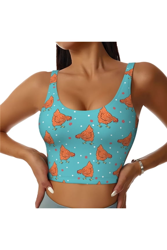 Funny Chicken Print Sports Bra for women Adjustable Straps High Support With Breast Pads Workout Tank Top-Large