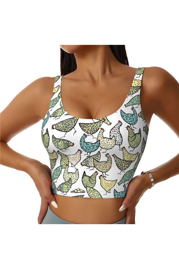 Funny Chicken Print Sports Bra for women Adjustable Straps High Support With Breast Pads Workout Tank Top-Large