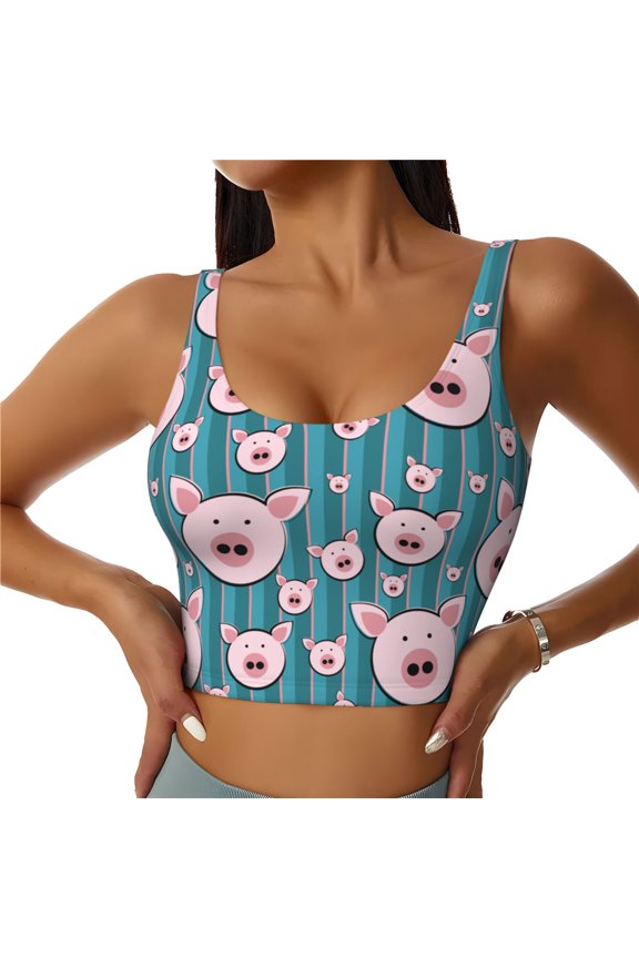 Funny Pig Faces Print Sports Bra for women Adjustable Straps High Support With Breast Pads Workout Tank Top-Large