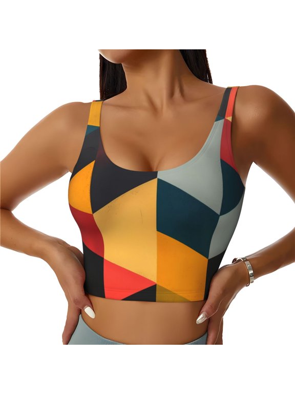 Geometric Cube Pattern Art Print Sports Bra for women Adjustable Straps High Support With Breast Pads Workout Tank Top-Large
